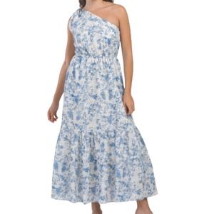 New English Factory Women One Shoulder‎ Print Floral Maxi Dress Off White Blue